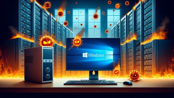 Windows-Logo mit Flecken und der Aufschrift "Patchday"