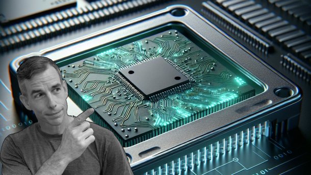 Mann zeigt auf Speicher Chip