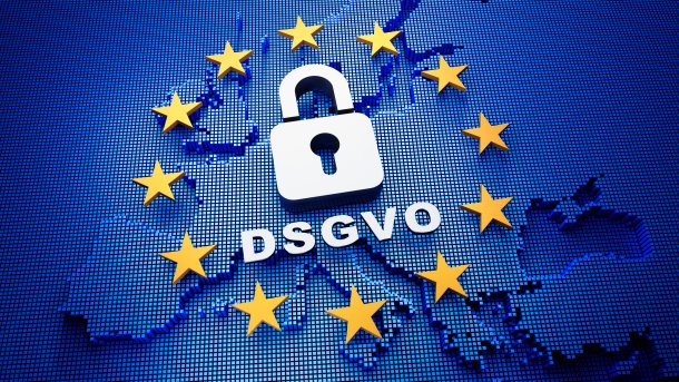 The twelve yellow EU stars on a blue background; a white padlock and the letters GDPR can be seen in the circle; the blue background is a map of Europe