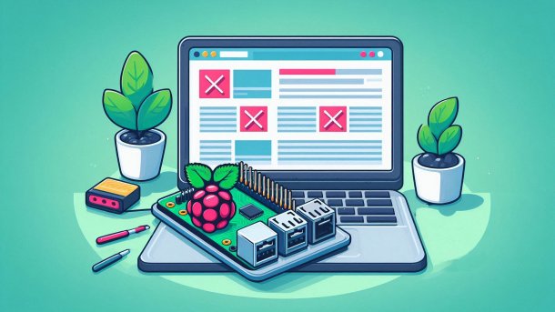 A Raspberry Pi in front of a laptop filters out ads