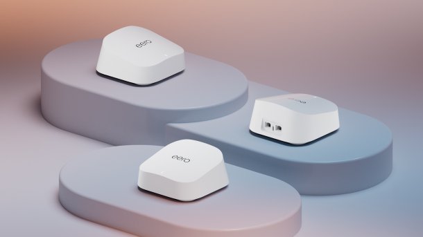 Three eero routers from Amazon on pedestals next to each other