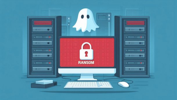 A computer in front of servers shows "Ransom" on the screen, with a ghost floating next to it