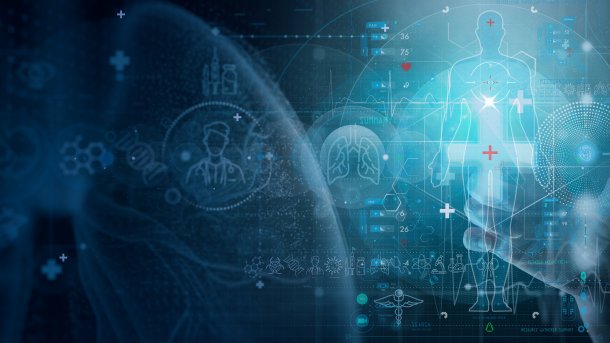 Healthcare symbols around a white cross that lights up 