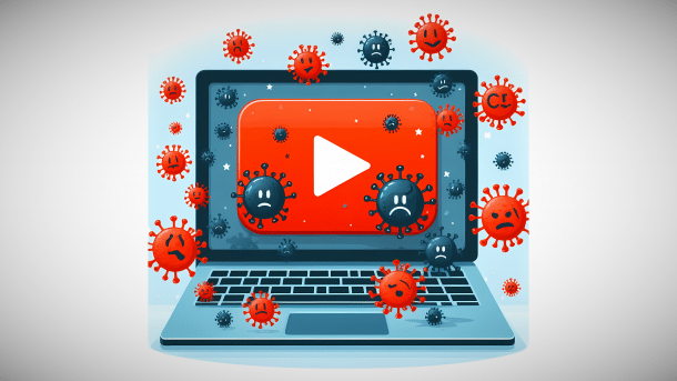 Stylized image: A laptop shows the YouTube logo, with viruses flying all around it