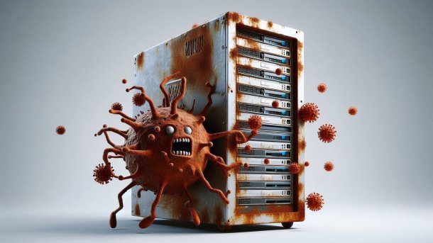 Ein alter, rostiger Server wird von Viren angegriffen