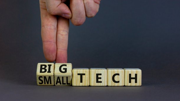 Ein Holzwürfel mit den Buchstaben Small Tech, wobei die beide Würfel mit den Wörtern "Small" umgedreht werden zu "BIG", was dafür steht, dass Big Tech Produkte kleinere Marktteilnehmer verdrängt.