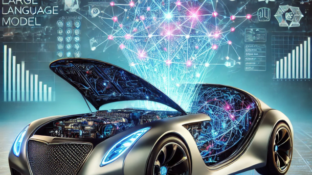 KI-generiertes Auto mit offener motorhaube und Datenstrukturen