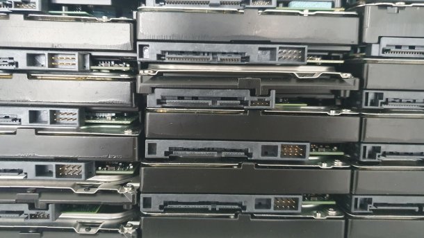 Numerous hard disks from the back of the cabinet