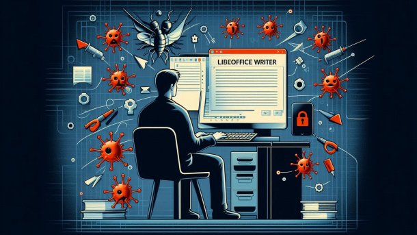 Nutzer vor einem Laptop mit LibreOffice, das von Viren attackiert wird