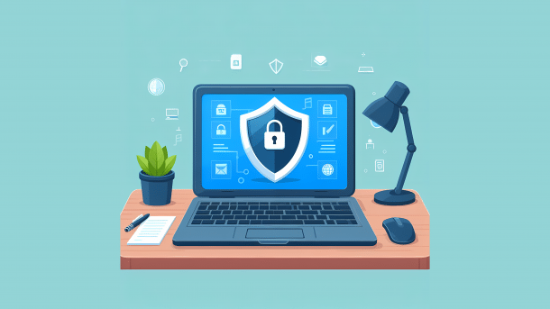 Ein Laptop mit einem Schutzschild auf dem Bildschirm