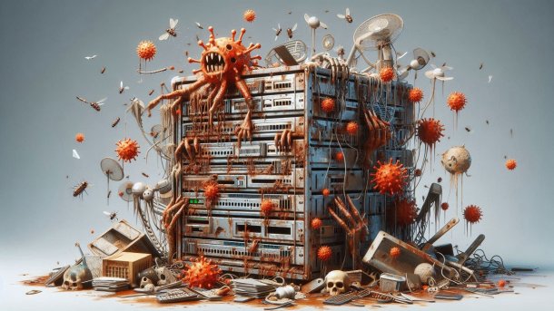 An old, rusty server is attacked by viruses