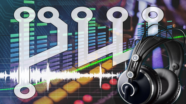 Collage aus PipeWire-Logo, Kopfhörern und Equalizer-Pegel im Hintergrund