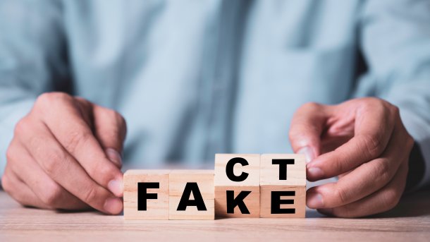 Eine Person dreht Buchstabenwürfen so, dass aus "Fact" "Fake" wird