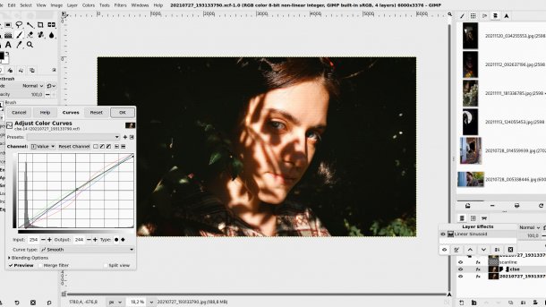 Bildschirmfoto von GIMP 3.0 mit dem Einsatz nicht-destruktiver Filter