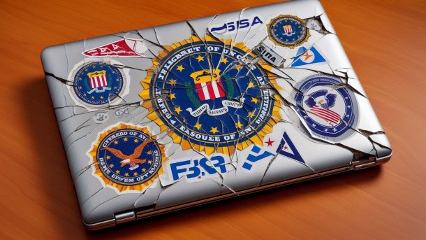 A badly broken laptop with stickers holding it together and showing FBI and CISA logos