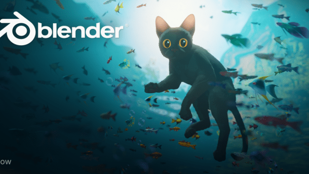 A black cat under water, surrounded by many small fish