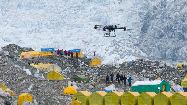 Drone flies over base camp on Mount Everest.