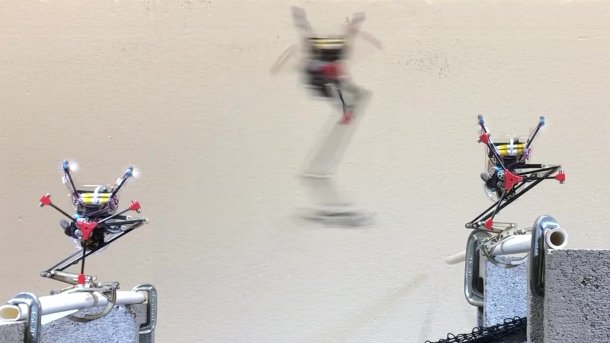 Jumping phase of a one-legged robot that jumps from one pole to the next.