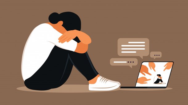 Grafik einer depressiven, zusammengekauerten Frau, die vor einem Laptop mit Hassnachrichten auf dem Boden sitzt. 