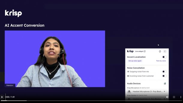 Woman showing how her Indian accent is filtered out when speaking English in the demo video by the company Krisp.ai.