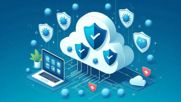 Stylized image: Computer under clouds with protective shields and viruses