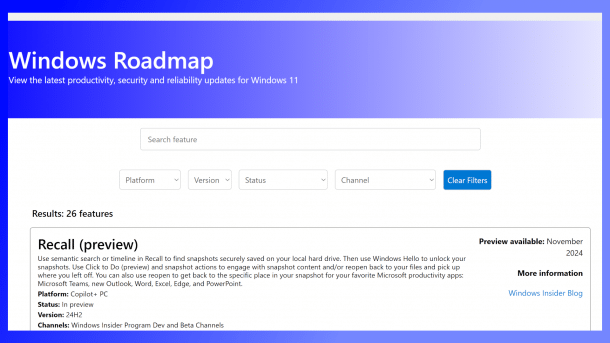 Screenshot der Webseite zur Windows-Roadmap