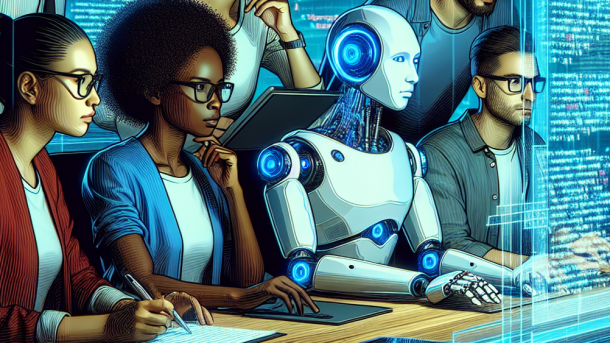 Menschen und Android betrachten Code