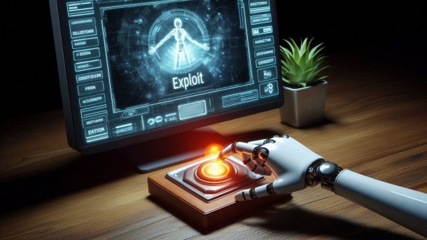 A monitor shows the "Exploit" button, a robot hand presses a trigger button in front of it