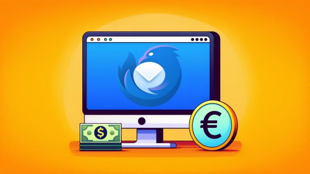 A monitor shows the Thunderbird icon, with dollar bills and a euro coin in front of it