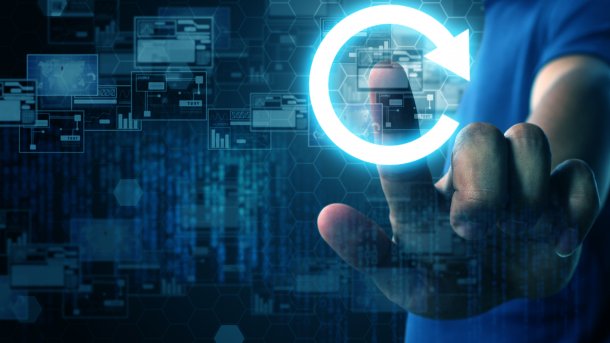 A circle-arrow on which a person clicks with a finger.