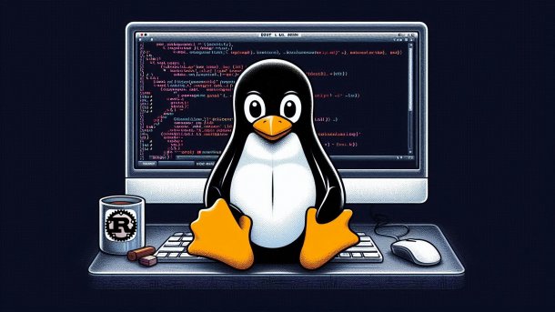 Ein Pinguin sitzt vor dem Computer, der Linux-Quellcode und ein Rust-Logo anzeigt.
