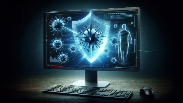 Ein Monitor zeigt einen Schutzschild an, aus dem Viren dringen