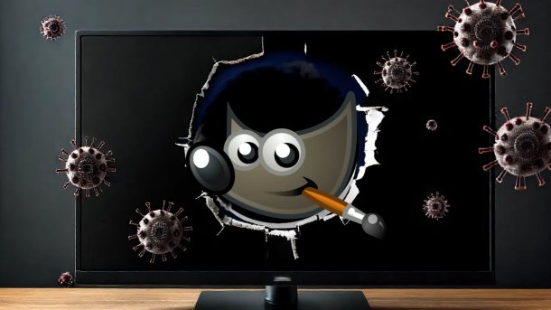 Gimp logo on a "burst" monitor from which viruses fly