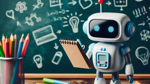 Robot in front of blackboard