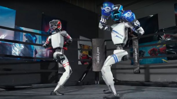 Two G1 robots from Unitree in a boxing match