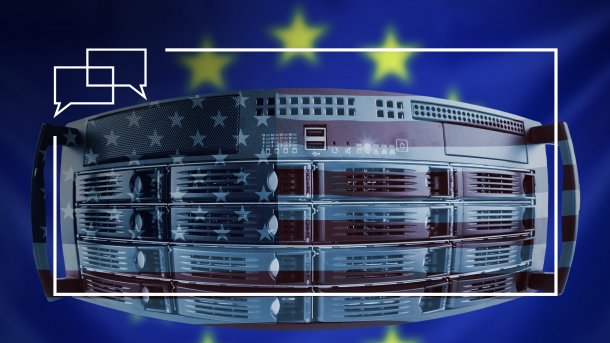 Server with superimposed US flag, the EU flag blurred in the background