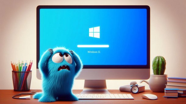 A monitor shows the Windows logo and a progress bar, in front of which a desperate monster is tearing its hair out