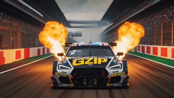A racing car emits flames from the exhaust, labeled "GZIP"