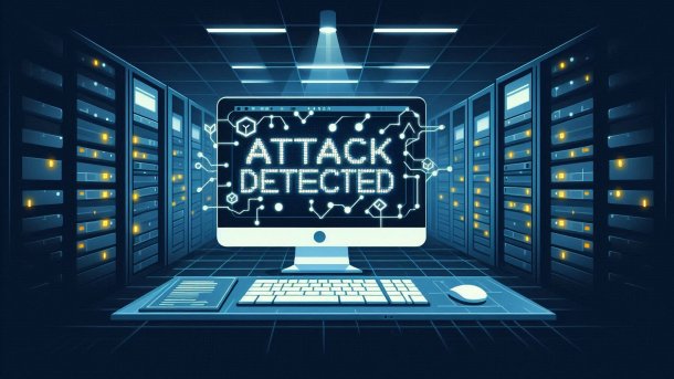Monitor vor Servern und Rechnern und die Anzeige "Attack detected"