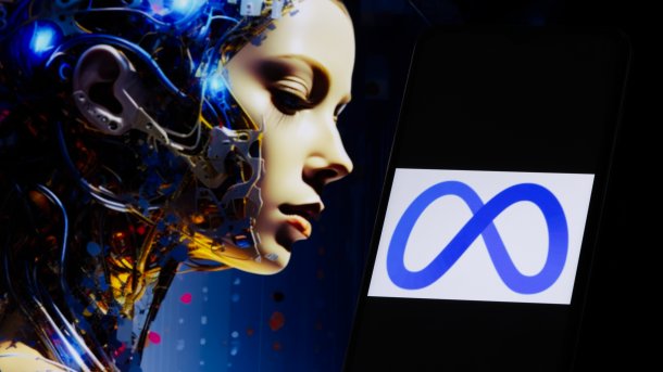 Meta logo and head of a female robot