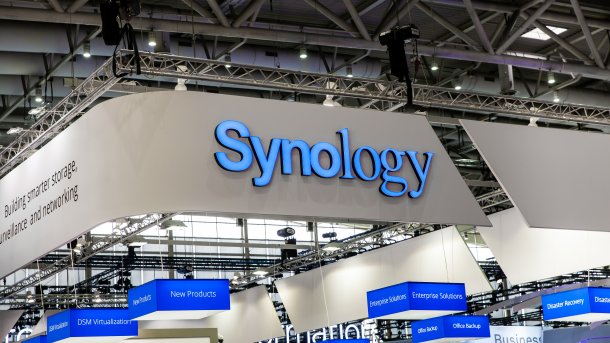 Synology company logo sign on exhibition fair Cebit 2017 in Hannover Messe, Germany
