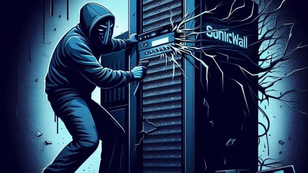 A threat actor / hacker wearing a hoodie and mask attacks a server cabinet labeled "SonicWall"