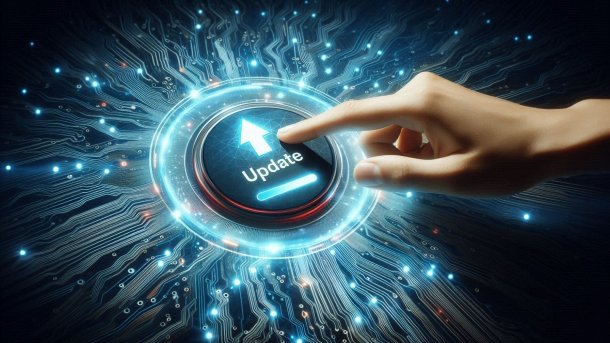 Hand tippt auf Update-Schaltfläche auf leuchtenden Leiterbahnen