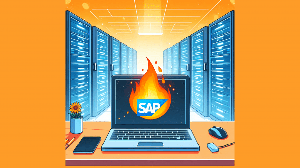 Stilisiertes Bild: Laptop mit SAP-Logo brennt, vor Serverracks