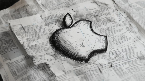 Apple-Logo vor einer Zeitung (Illustration)