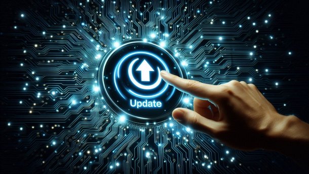 Hand tippt auf Update-Schaltfläche auf leuchtenden Leiterbahnen