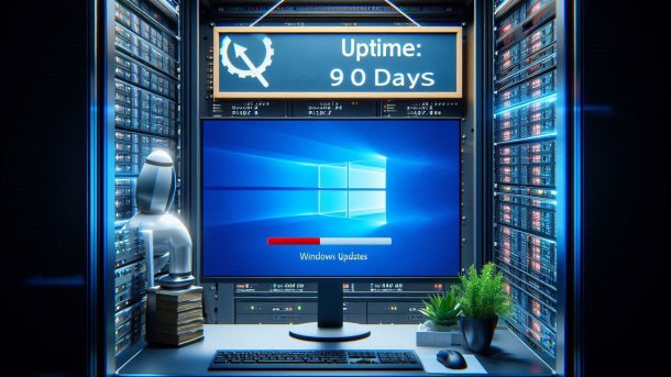 Ein Monitor vor Servern zeigt die Installation von WIndows Updates an. Dahinter steht eine Tafel und zeigt "Uptime 90 Days".