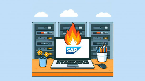 Stylized image: Laptop with SAP logo on fire, in front of server racks