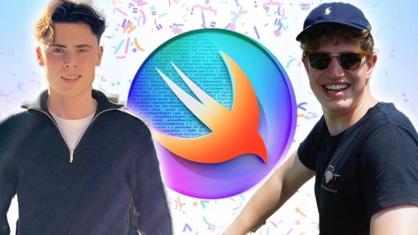 Collage with two German winners of the Swift Student Challenge and the competition logo