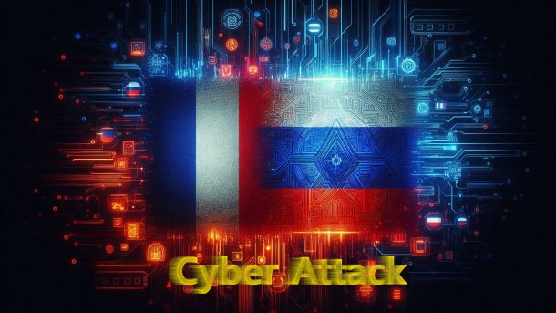 French and Russian flags in front of glowing conductor tracks, including the slogan "Cyber Attack"